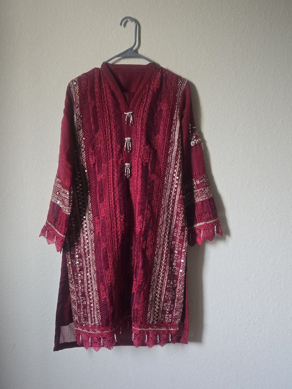 3 Pc Pakistani Embroidered Maroon Women's Dress